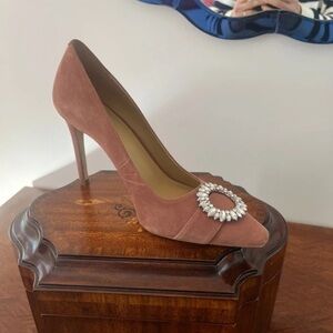 Michael Kors Dusty Rose Suede Pointed-Toe Pump with Crystal Medallion